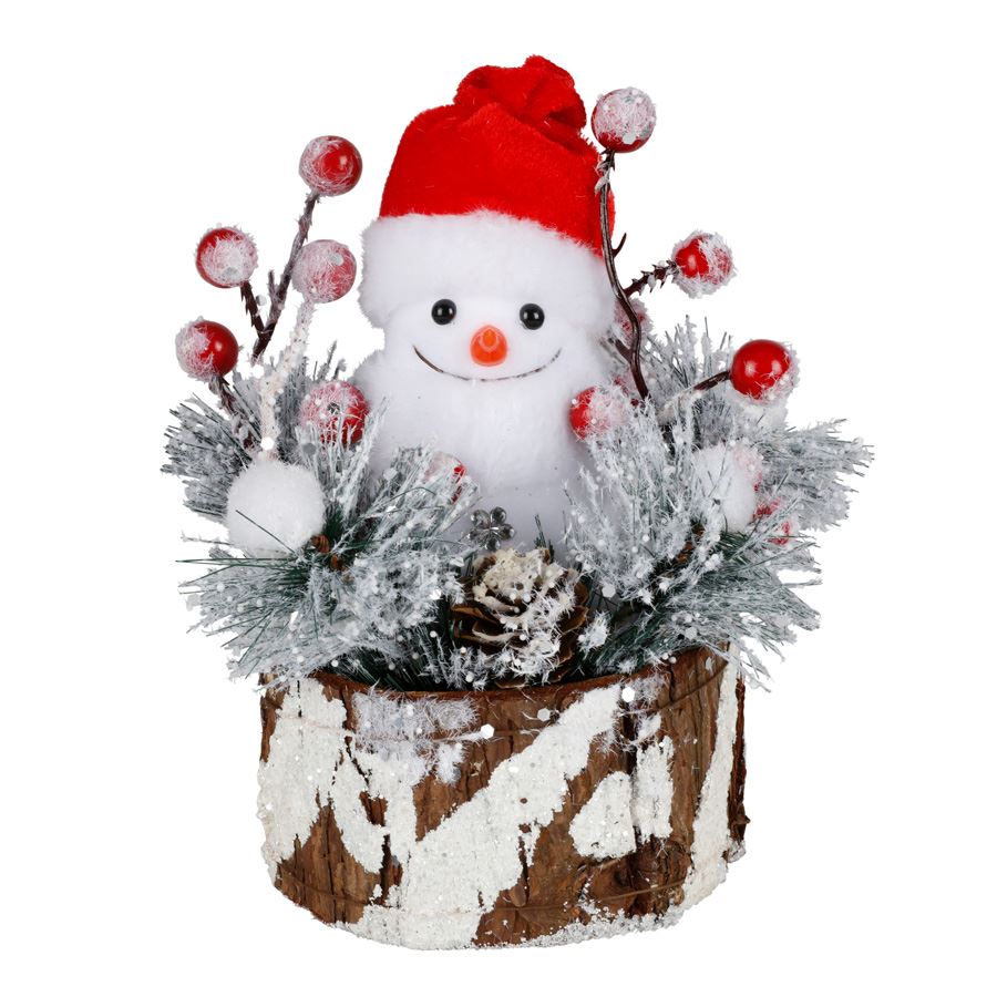 Weihnachtlicher Deko-Schneemann aus Styropor auf Baumstumpf