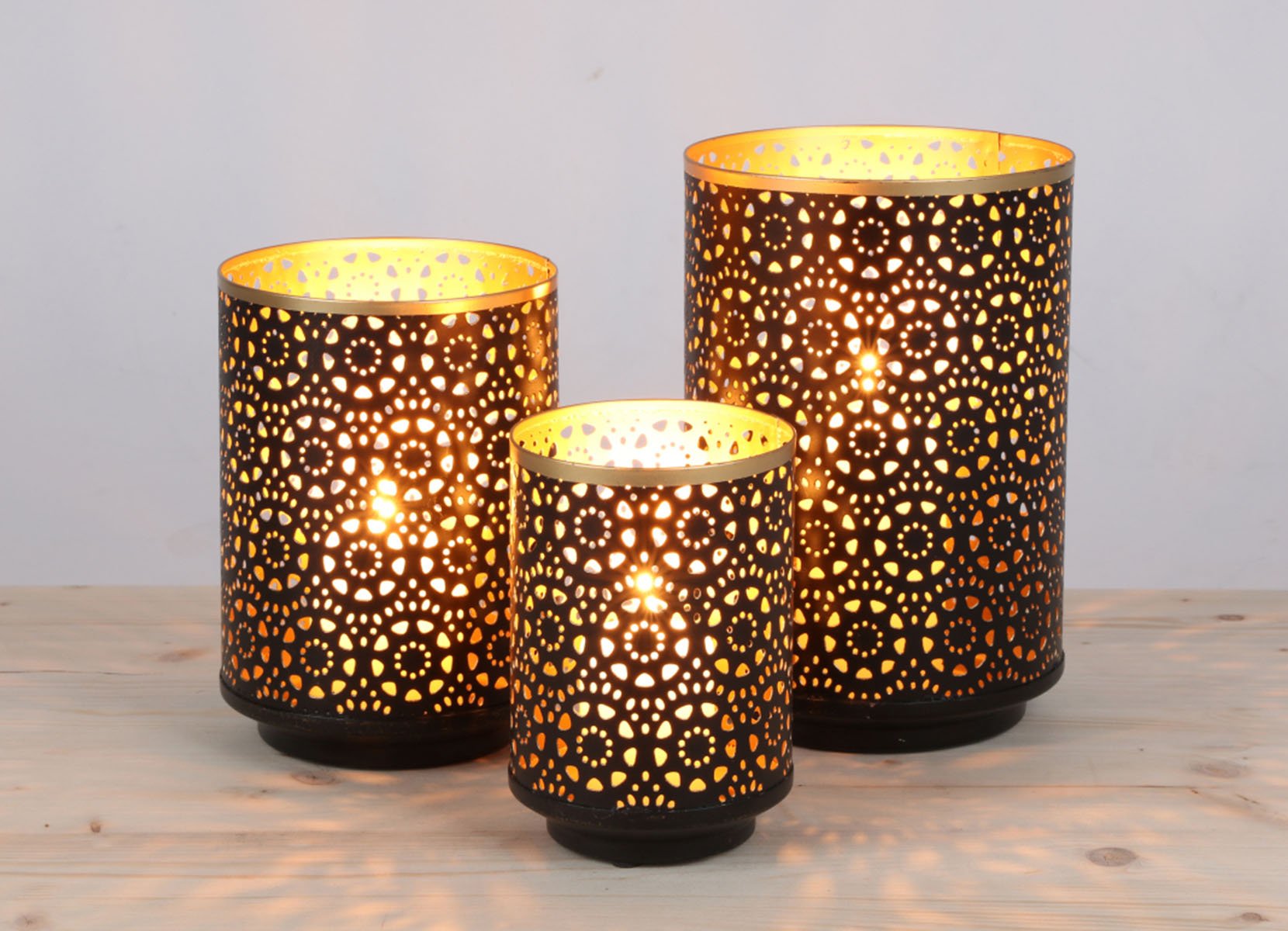 Metall-Windlichter Schwarz/Gold 3er-Set
