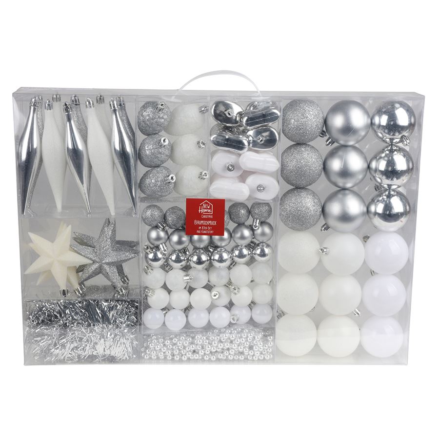 Weihnachtsbaumschmuck-Set 87-teilig aus Kunststoff Silber/Weiß