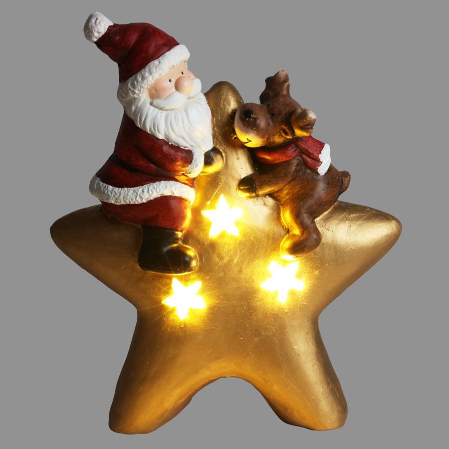 Goldener Dekostern mit Weihnachtmann und Rentier 3 LEDs Warmweiß