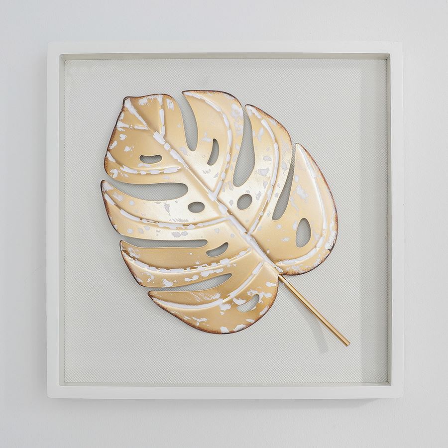 Holzrahmen mit Metallblatt Monstera Weiß/Gold