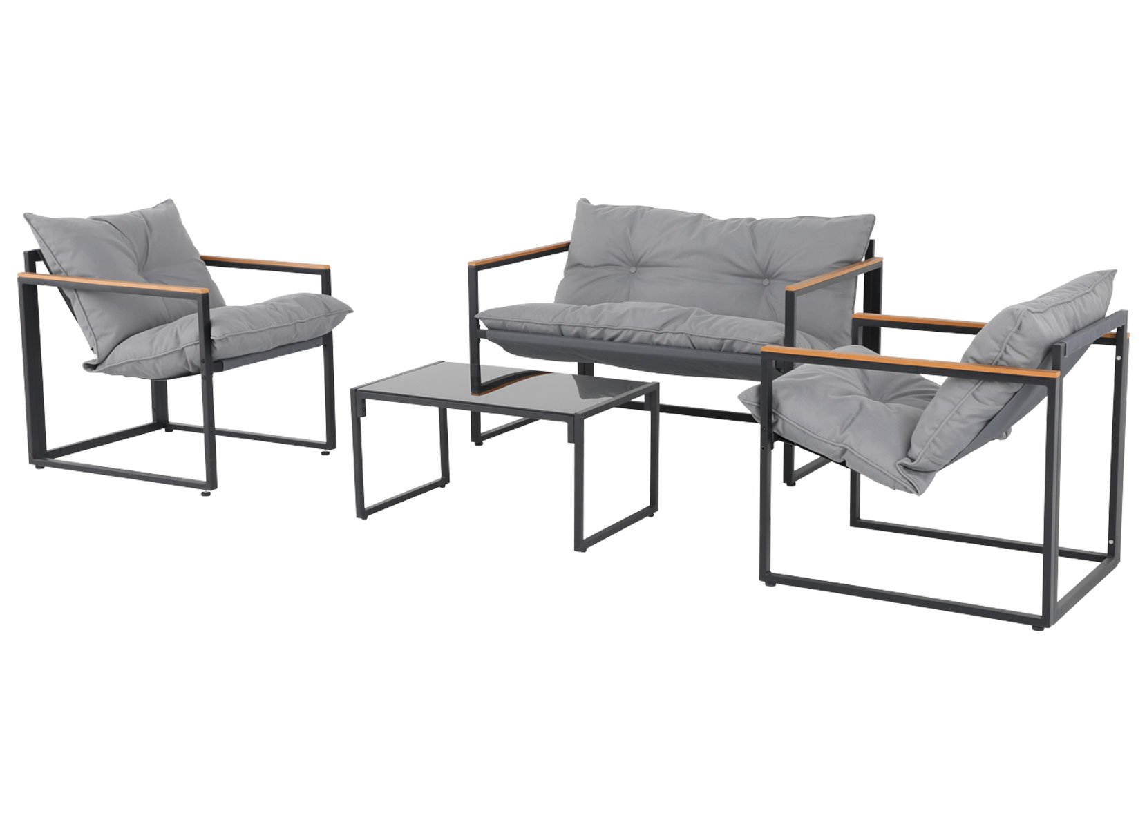 Loungeset mit Holzakzenten und Sitzkissen 4-teilig Loungeset mit Holzakzenten und Sitzkissen 4-teilig