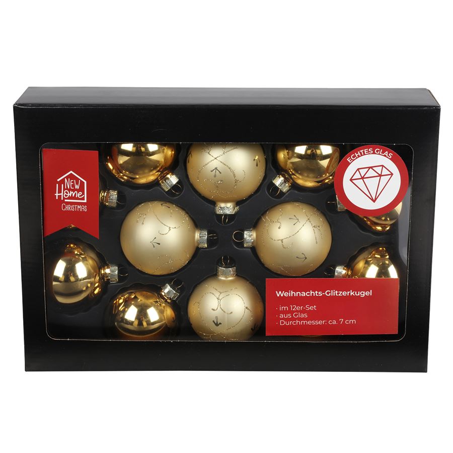 Glitzerkugeln 12er-Set 7cm Gold