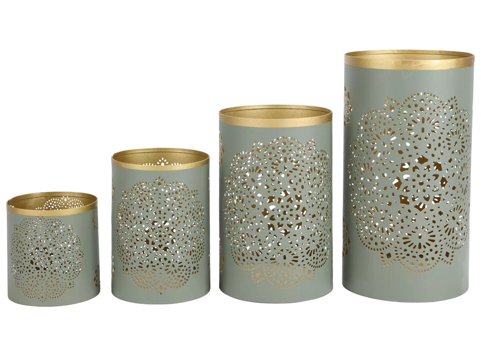 Säulen-Windlichter aus Metall Blaugrau/Gold 4er-Set