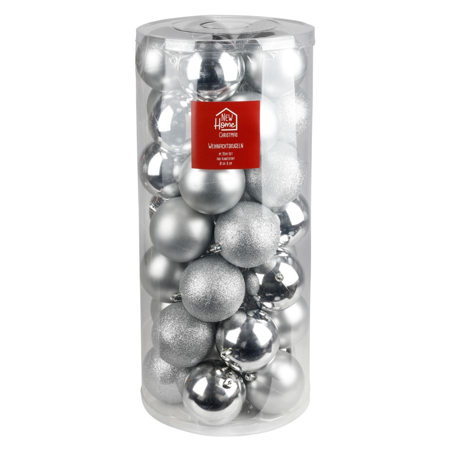 Weihnachtsbaumkugeln aus Kunststoff 8cm 35er-Set Silber