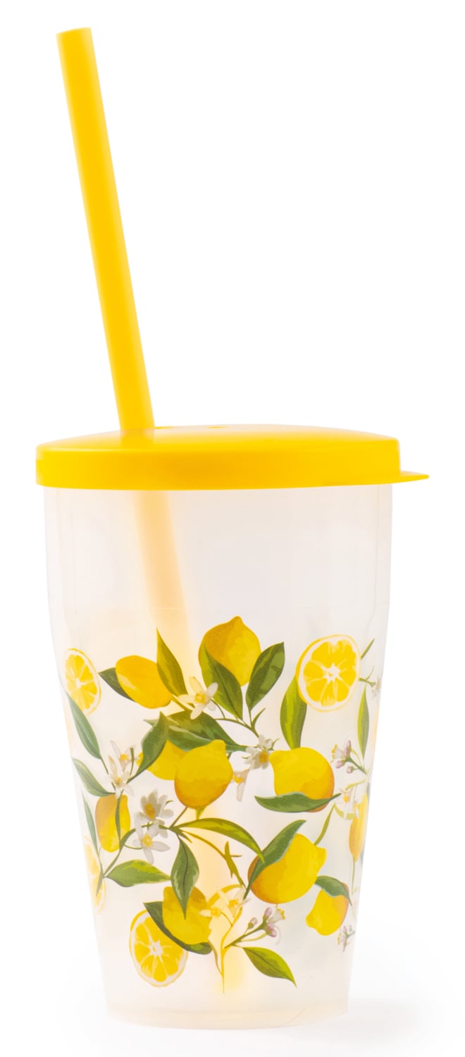 Trinkbecher Zitrone mit Deckel und Trinkhalm 500ml