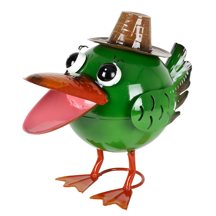 Metall-Dekofigur Grüner Vogel mit Hut