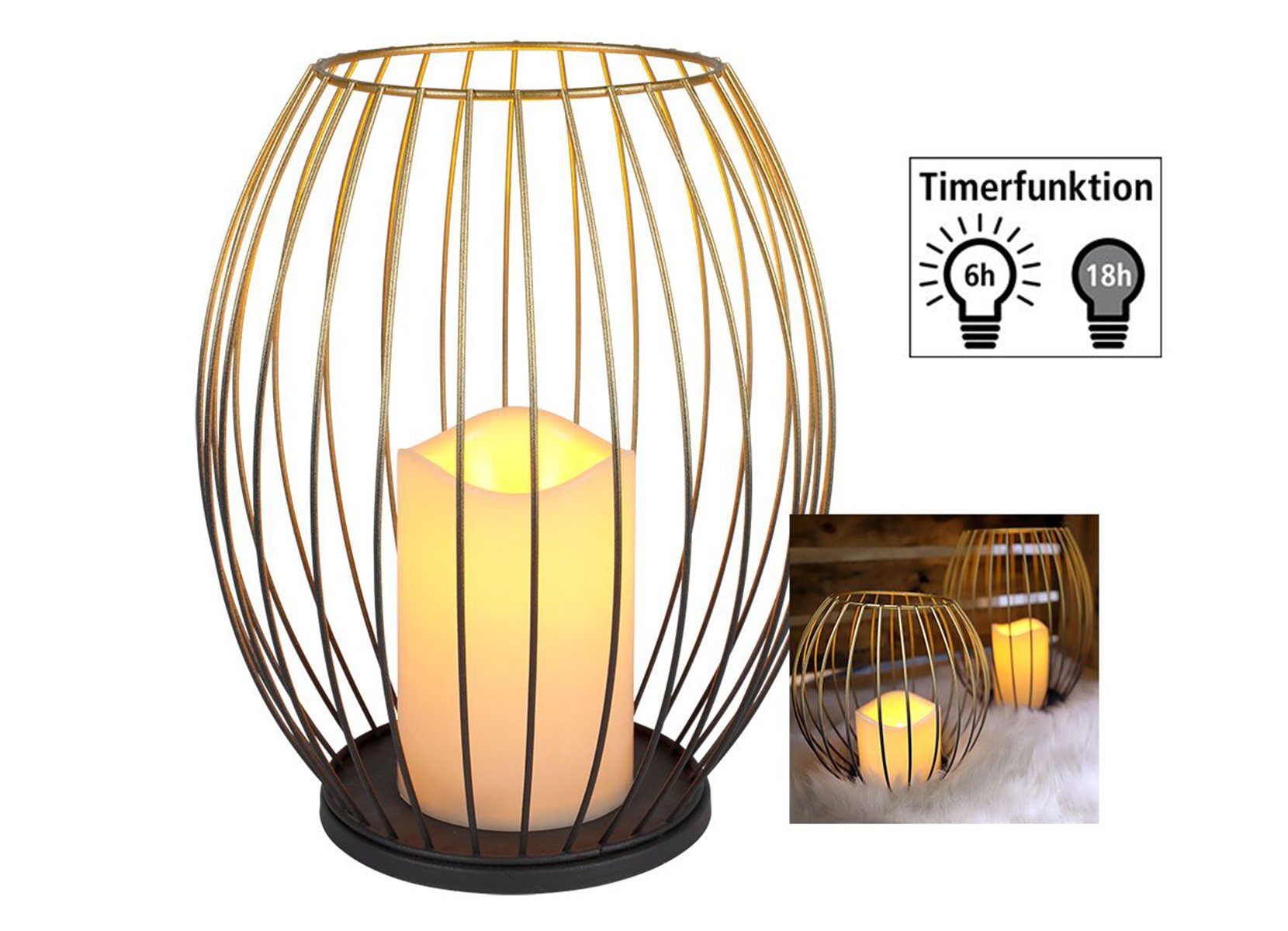 Metall-Laterne mit LED-Kerze 24cm Gold