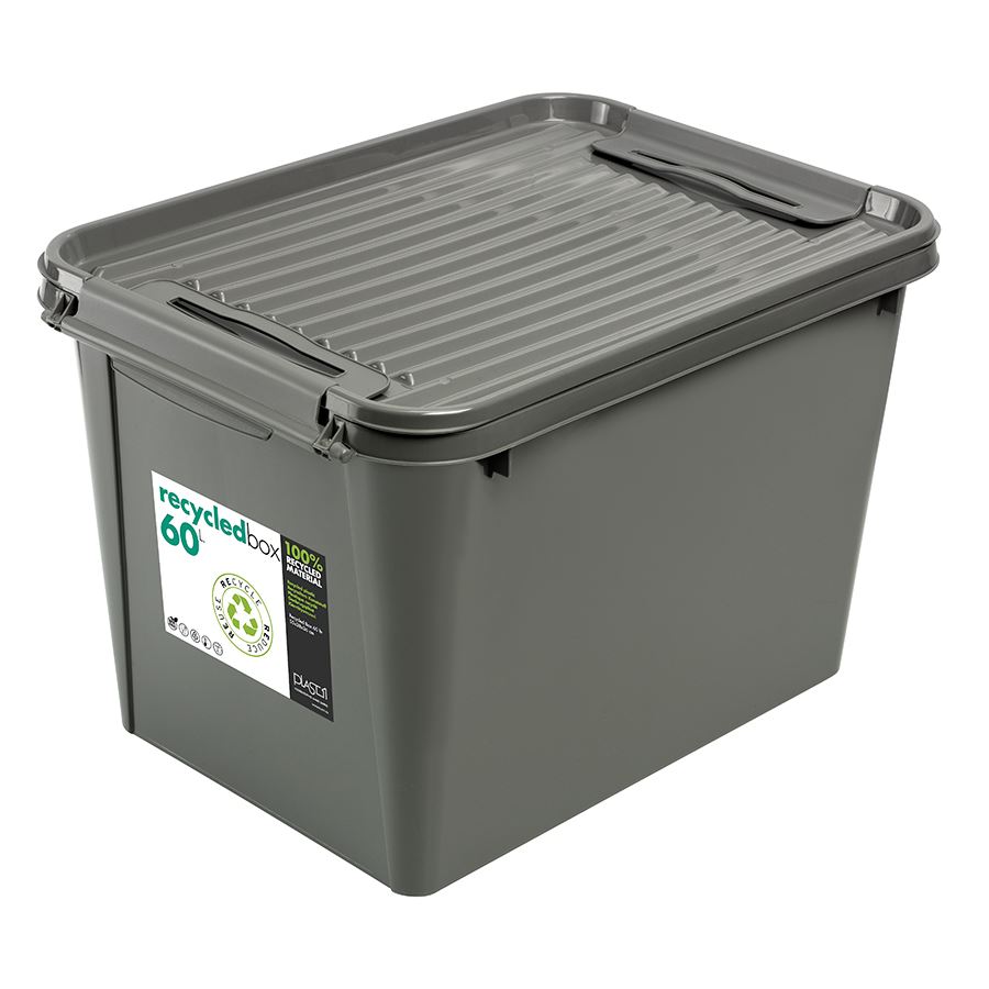 Aufbewahrungsbox Recycled mit Deckel und Rollen 60L Grau