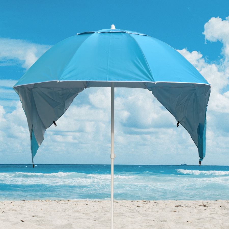 Sonnenschirm mit Muschelfunktion Ø2m Blau, Stahlgestell mit Kunststoffmantel, Schirmbespannung aus Polyester, Gewicht: ca. 2,10kg