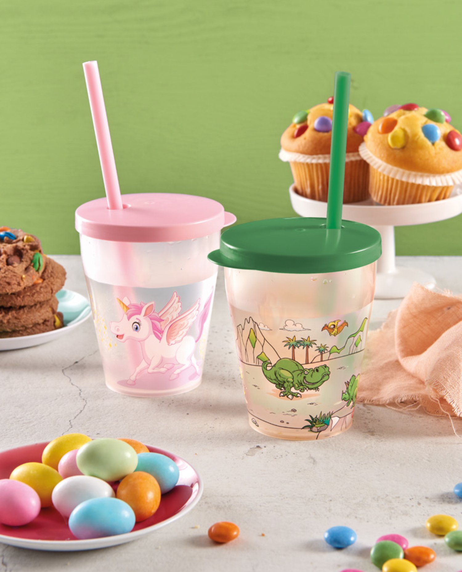 Kinder-Trinkbecher Dino mit Deckel und Trinkhalm 385ml