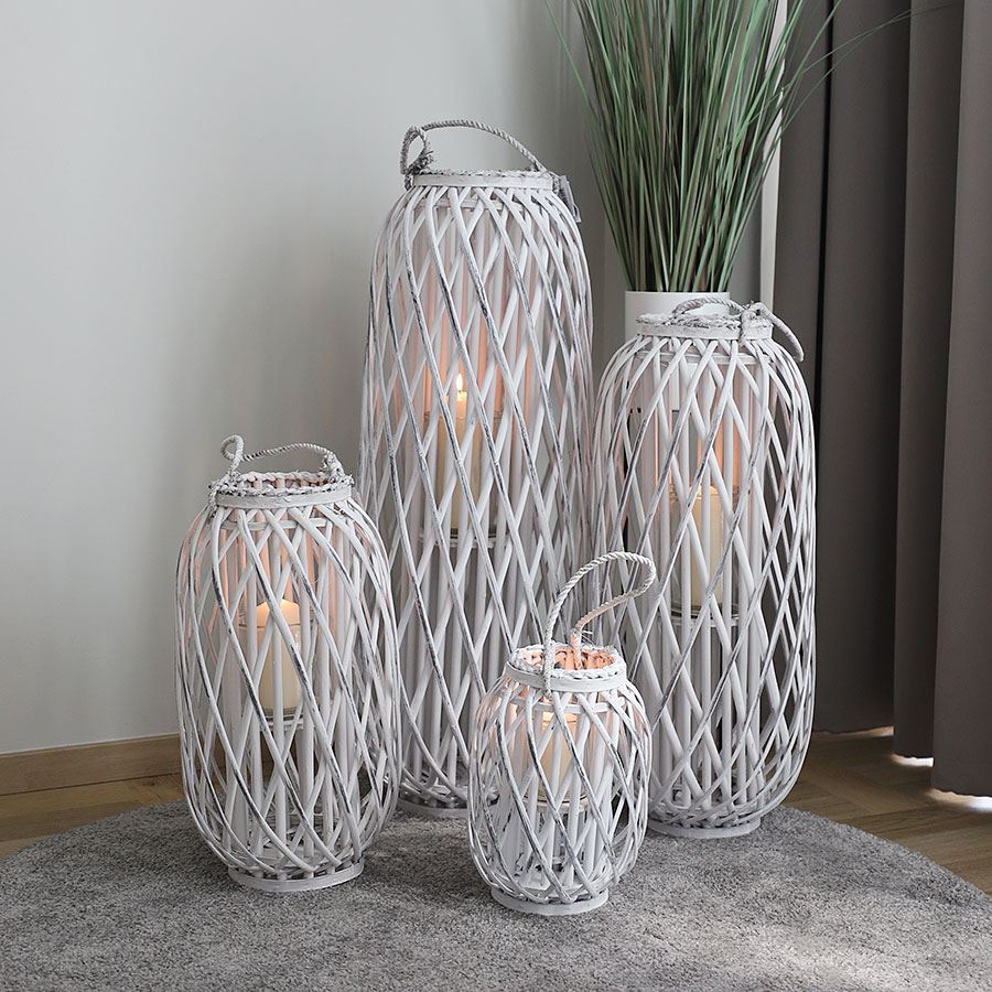 Bambuslaterne mit Glaswindlicht 28x50cm White-Washed