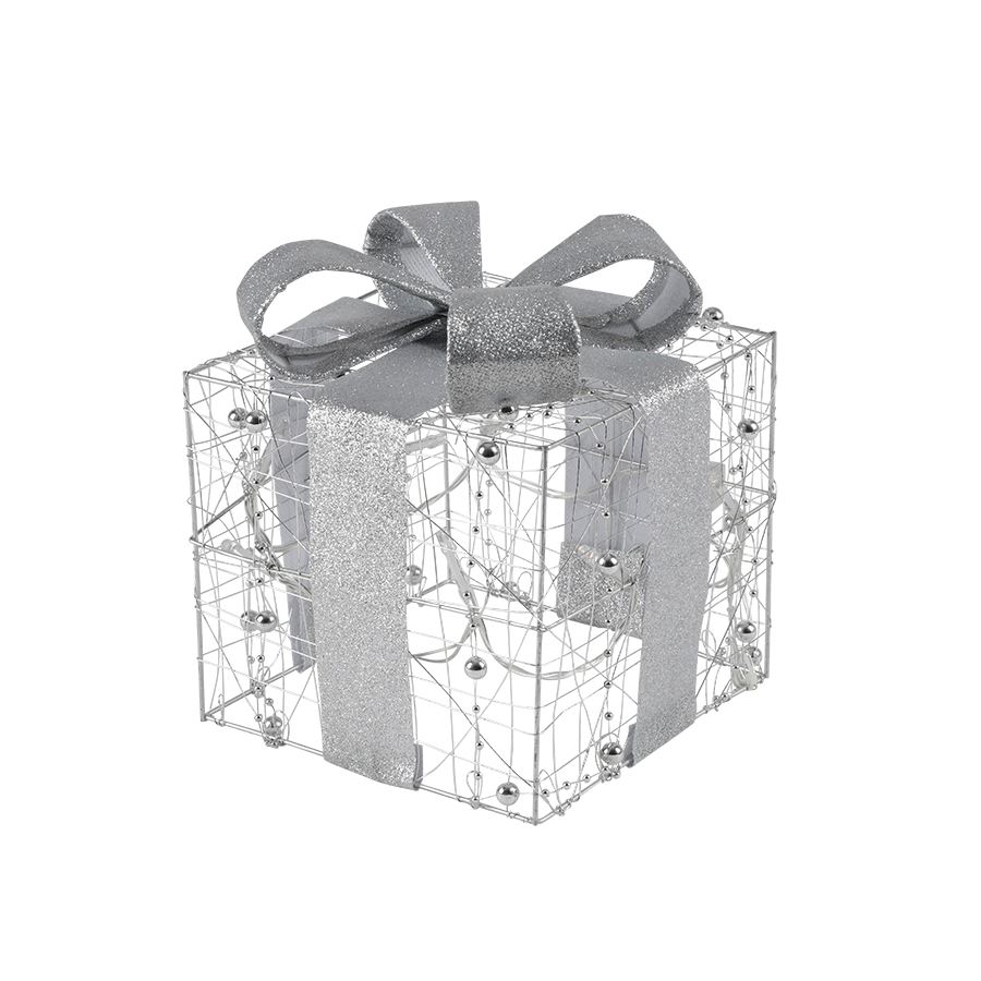 Weihnachtsdeko Draht-Geschenk mit 10 LEDs 15x15x17cm Silber