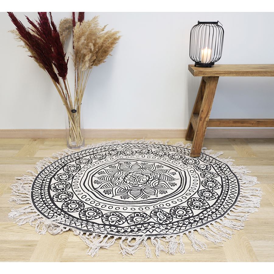 Boho-Teppich mit Fransen 90cm Natur/Schwarz