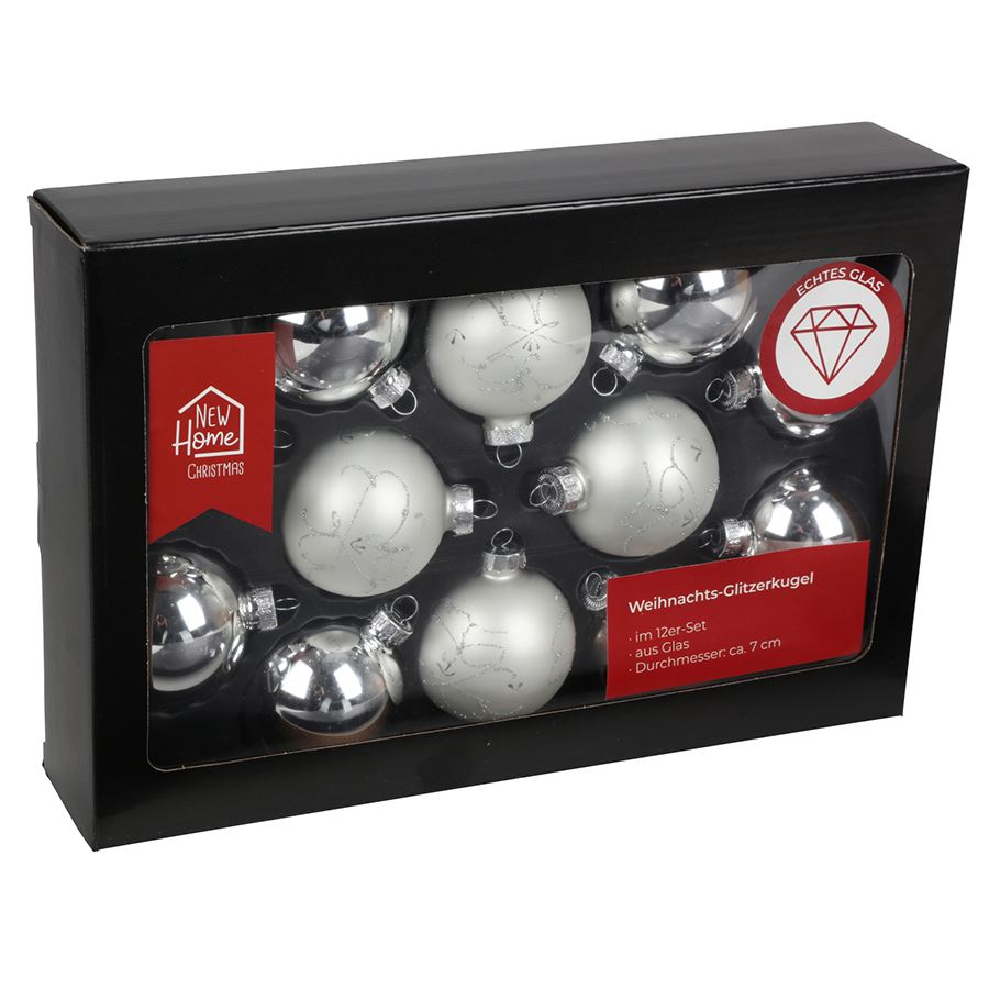 Glitzerkugeln 12er-Set 7cm Silber