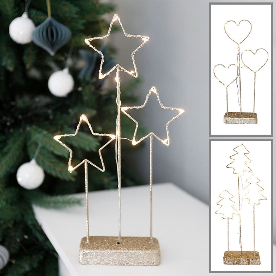 Weihnachtliche LED-Drahtdeko mit 15 warmweißen Lichtern Gold/Glitzer