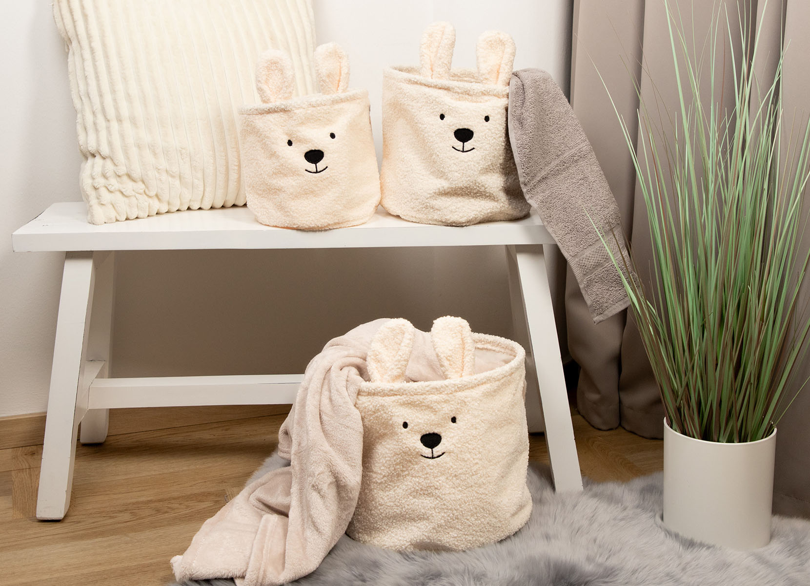 Aufbewahrungskörbe aus Teddystoff 3er-Set Beige