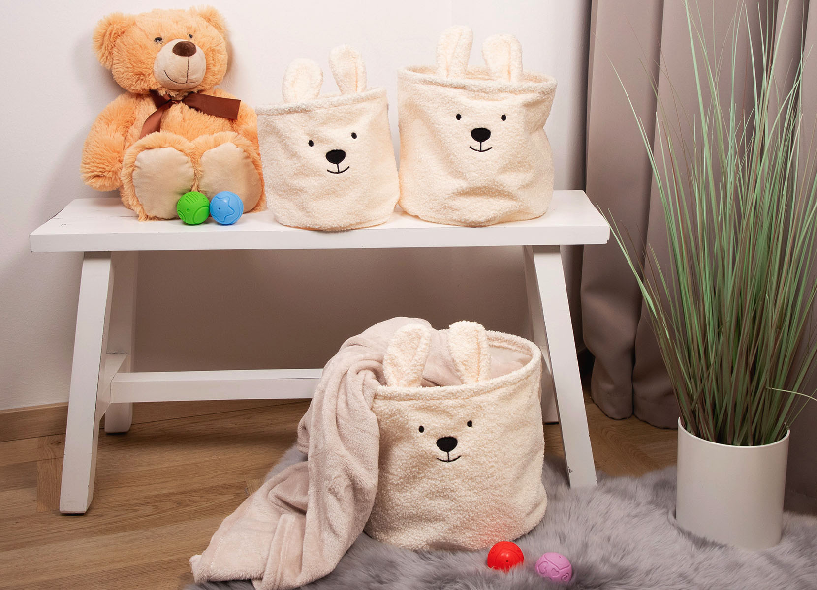 Aufbewahrungskörbe aus Teddystoff 3er-Set Beige