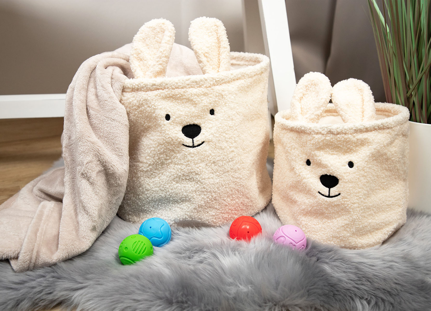 Aufbewahrungskörbe aus Teddystoff 3er-Set Beige