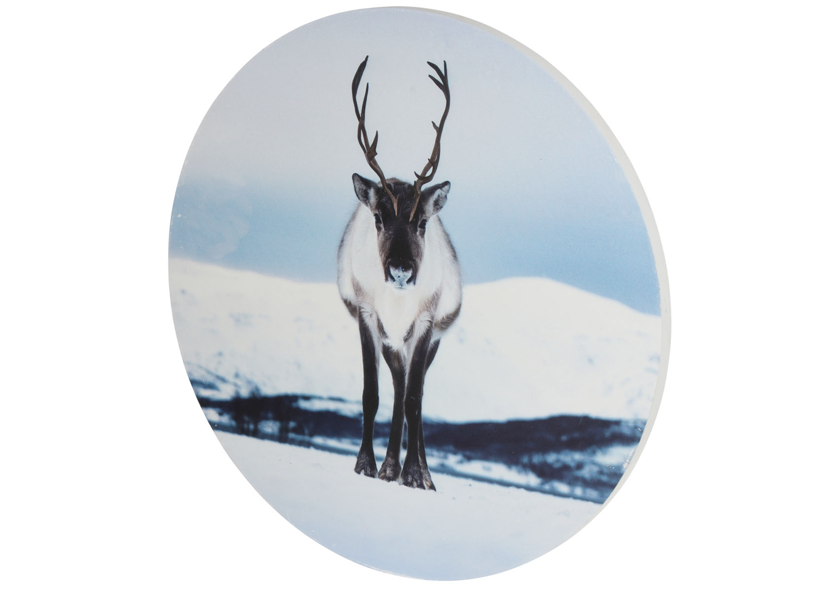 Rundes Wandbild aus MDF 58cm Rentier im Schnee